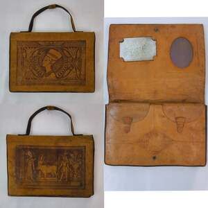 Egyptian Revival Leatherwork Accordian Purse 1940-1960's #W5965
